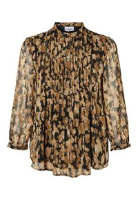 Blouse noire transparente avec un motif abstrait brun et crème, dotée d'un col montant, d'un devant plissé et d'un détail de bouton au niveau du col.