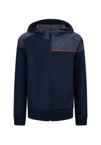 Felpa con zip navy realizzata in tessuto morbido. Presenta un pannello in mesh sulle spalle, ampie tasche anteriori e una striscia di colore arancione sul petto.