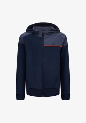 Marineblaue Zip-Hoodie aus weichem Stoff. Mit einem Mesh-Einsatz an den Schultern, großen Vorderentaschen und einem orangefarbenen Akzentstreifen auf der Brust.