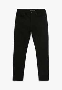 Schwarze Denim-Jeans mit einem schlanken Schnitt, fünf Taschen und einem Knopfverschluss. Das Material hat eine glatte Textur mit minimalen Nähten.