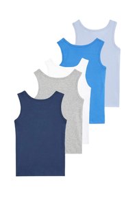 Cinque canottiere di cotone in navy, grigio, bianco, blu e azzurro. Ognuna presenta un classico scollo a girocollo e un design senza maniche.