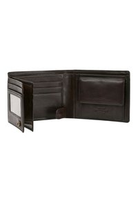 Portefeuille en cuir marron avec plusieurs emplacements pour cartes, une fenêtre pour pièce d'identité transparente et un compartiment pour les billets. Texture lisse avec un branding discret.