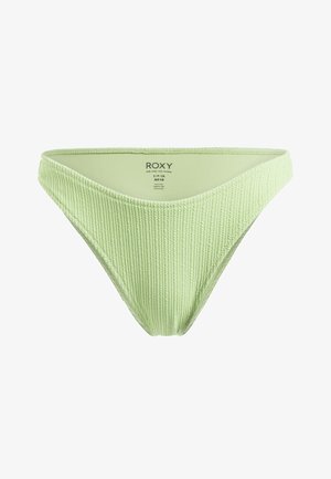Zelené rebrované bikiny nohavičky s prednou časťou do tvaru V, vyrobené z jemného materiálu a s hladkým vnútorným podšívaním. Viditeľná etiketa vo vnútri.