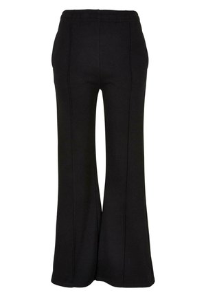 Black flared pants with a smooth texture, featuring an elastic waistband and visible seam detailing along the legs.