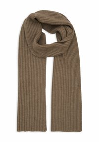 Sciarpa a coste di colore marrone soft e tenue; realizzata in materiale testurizzato; forma lunga e rettangolare con bordi rifiniti.