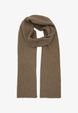 Sciarpa a coste di colore marrone soft e tenue; realizzata in materiale testurizzato; forma lunga e rettangolare con bordi rifiniti.