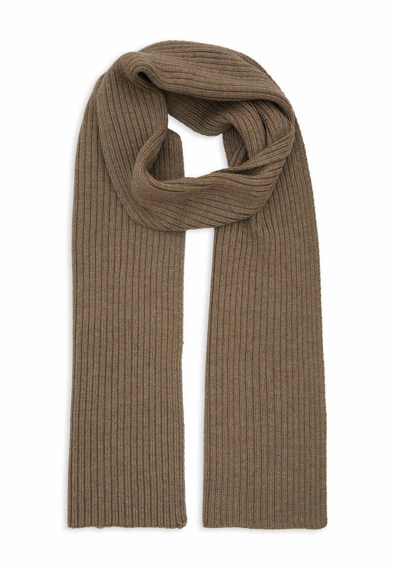 Sciarpa a coste di colore marrone soft e tenue; realizzata in materiale testurizzato; forma lunga e rettangolare con bordi rifiniti.