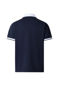 Námornícka polo tričko s krátkymi rukávmi, bielym golierom a bielymi pruhmi na rukávoch. Vyrobené z hladkej, ľahkej tkaniny.