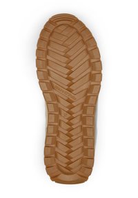 Semelle de chaussure en caoutchouc marron avec un motif de bande de roulement en zigzag, comprenant une étiquette de marque et la taille 37. Texturée pour adhérence et durabilité.
