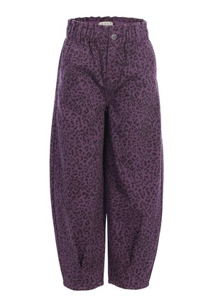  Paarse loszittende broek met zwarte luipaardprint, elastische tailleband, knoop aan de voorkant en zijzakken.