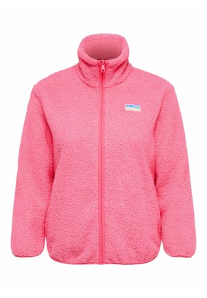 Pink fleecetrøje med fuld frontlynlås og opretstående krave, med en lille rektangulær mærkat på venstre bryst.