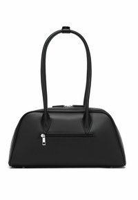 Mustra must rahakott, millel on sirgjooned, kaks sangastrappi ja eesmine lukuga tasku. Sile tekstuur minimaalse aktsentidega.