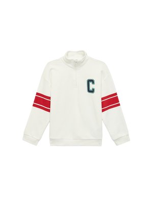 Sweat-shirt blanc à fermeture quart-zip avec deux bandes rouges sur les manches et une lettre "C" verte et noire sur la poitrine gauche.