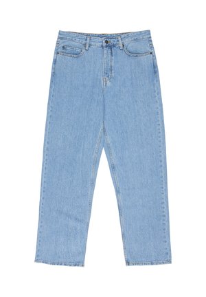 Jeans azzurri chiaro a vita alta, a gamba dritta, con chiusura a bottoni e cerniera, tasche frontali e taschino porta monete, e passanti per cintura.