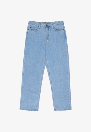 Jeans azzurri chiaro a vita alta, a gamba dritta, con chiusura a bottoni e cerniera, tasche frontali e taschino porta monete, e passanti per cintura.