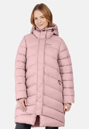 Padded pink coat with a hood, featuring a zip closure and two side pockets. The fabric has a smooth texture with chevron stitching.