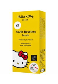 Il packaging della maschera giovanilizzante Hello Kitty presenta una scatola gialla brillante con il volto di un gattino in stile cartone animato, un fiocco rosso e dettagli del prodotto in nero. Contiene 20 maschere.