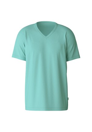 Mintgroene V-hals T-shirt, gemaakt van katoen, korte mouwen, rechte snit, gladde textuur, met eenvoudige stiksels en geen zichtbare patronen.