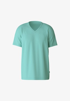 Mintgroene V-hals T-shirt, gemaakt van katoen, korte mouwen, rechte snit, gladde textuur, met eenvoudige stiksels en geen zichtbare patronen.
