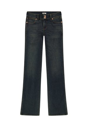 Donkerblauwe denim jeans met een flair-pijpenontwerp, twee voorke pockets, decoratieve stiksels en hardware in kopertint.