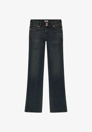 Donkerblauwe denim jeans met een flair-pijpenontwerp, twee voorke pockets, decoratieve stiksels en hardware in kopertint.