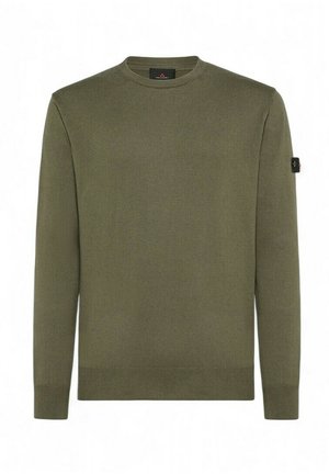 Maglione verde oliva realizzato in tessuto lavorato a maglia, con scollo rotondo, polsini a coste e una piccola toppa con logo sulla manica sinistra.