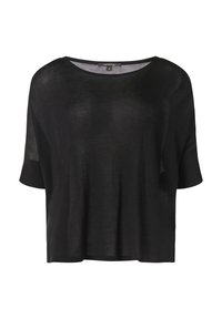 Czarny krótki top z krótkim rękawem wykonany z przezroczystego materiału, o luźnym kroju, zaokrąglonym dekolcie i gładkiej fakturze. Brak widocznych wzorów lub detali.