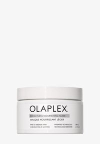 Olaplex Weightless Nourishing Mask i en vit plastburk med en slät yta. Etiketten inkluderar produktbeskrivning och volym: 200 mL.