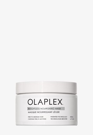 Olaplex Weightless Nourishing Mask i en vit plastburk med en slät yta. Etiketten inkluderar produktbeskrivning och volym: 200 mL.
