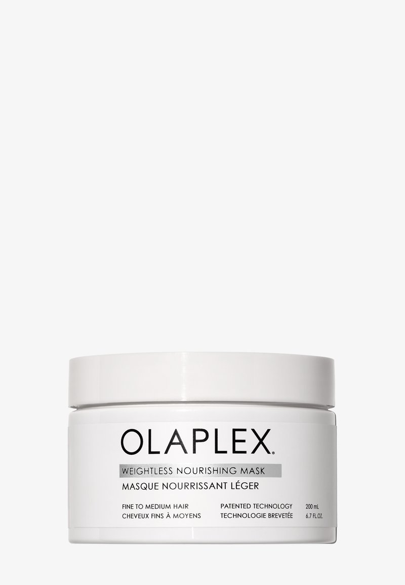 Olaplex Weightless Nourishing Mask i en vit plastburk med en slät yta. Etiketten inkluderar produktbeskrivning och volym: 200 mL.