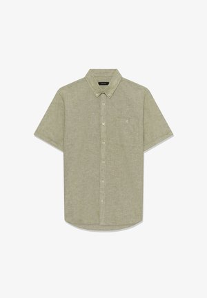 Lühikeste varrukatega beež nööbitav särk ühe rinnataskuga ja terava kraega, valgel taustal.