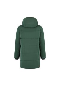 Groene gewatteerde jas met een capuchon, lange mouwen en geribbelde manchetten. Heeft een gladde textuur en een verticale gestikte patroon op de rug.