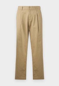 Beige chinos with a straight leg, pleated front, and button closure. Smooth texture and standard waistband design.