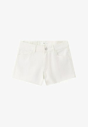 Biele rifľové šortky s gombíkom a zipsom na zapínanie, predné vrecká, pútka na opasok a oprané lemy.