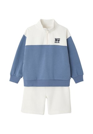 Children’s two-piece outfit with white shorts and a blue and white long-sleeve pullover featuring a quarter zip and NY Brooklyn graphic.