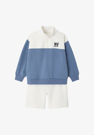Children’s two-piece outfit with white shorts and a blue and white long-sleeve pullover featuring a quarter zip and NY Brooklyn graphic.