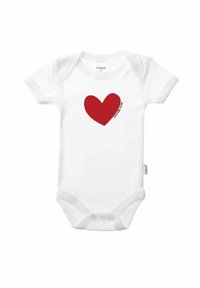 White cotton onesie with short sleeves and snap buttons. Features a large red heart graphic on the front with "I love my mom" text.