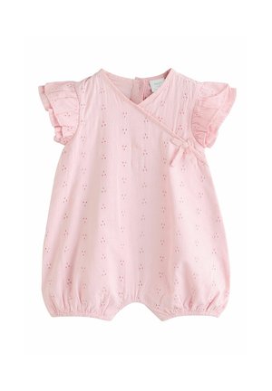Világos rózsaszín babaruházat rövid fodros ujjakkal, hímzett virágmintás kivágásokkal, elöl átkötős részlettel és elasztikus lábnyílásokkal.