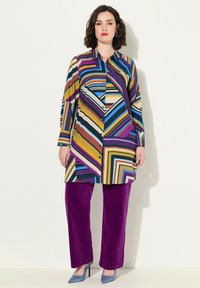 Multikleur gestreepte lange blouse met knoopsluiting, gecombineerd met paarse corduroy broek en lichtblauwe hakken. Soepele stofstructuur.