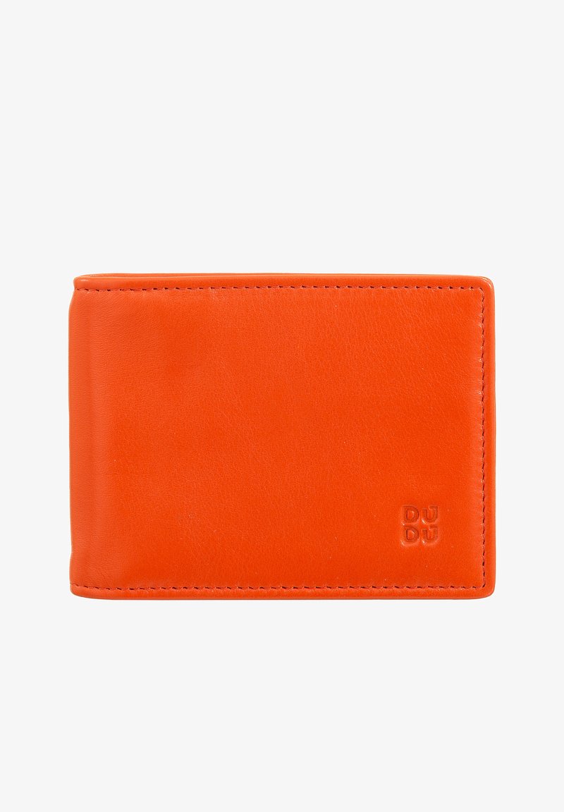 Orange leather wallet with a smooth texture, rectangular shape, and visible stitching. Features embossed logo in the bottom right corner.