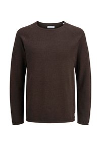 Mørkebrun langærmet strikket sweater med rund hals, struktureret stof og lille mærke inden i kraven samt i kanten.