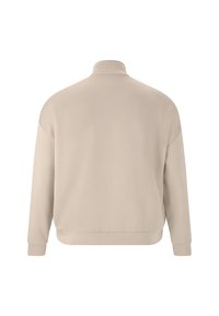 Beige sweatshirt med hög krage, långa ärmar och avslappnad passform. Mjuk textur, inga synliga mönster eller detaljer i hårdvara.