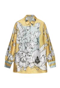 Satin blouse featuring a yellow and blue color block design with large floral illustrations in black and white. Button-up front and puffed sleeves.