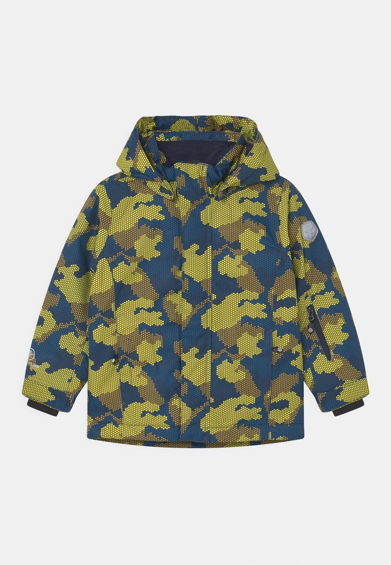 Giacca con cappuccio per bambini con motivo mimetico pixelato blu, giallo e marrone e tasca con cerniera sulla manica destra.