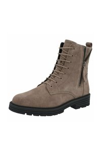 Taupe suede lace-up ankle boot with black rubber sole and side zipper for easy wear.