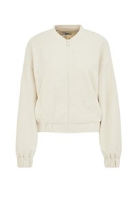 Krátka bomber bunda v krémovej farbe. Textúrovaná látka so zipsom vpredu, rebrovanými manžetami a okrúhlym golierom. Vyzdobená detailom na stiahnutom páse.