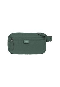 Busta in nylon verde a forma rettangolare, dotata di un compartimento principale con zip, una tasca frontale e un'etichetta con logo. Include una tracolla regolabile.