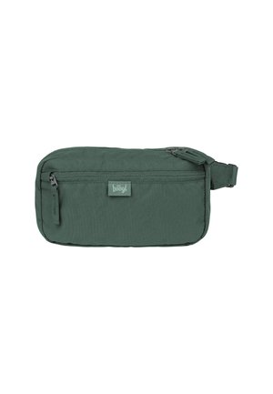 Busta in nylon verde a forma rettangolare, dotata di un compartimento principale con zip, una tasca frontale e un'etichetta con logo. Include una tracolla regolabile.