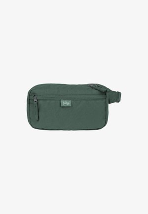 Green nylon pouch with a rectangular shape, featuring a zippered main compartment, a front pocket, and a logo tag. Adjustable strap included.