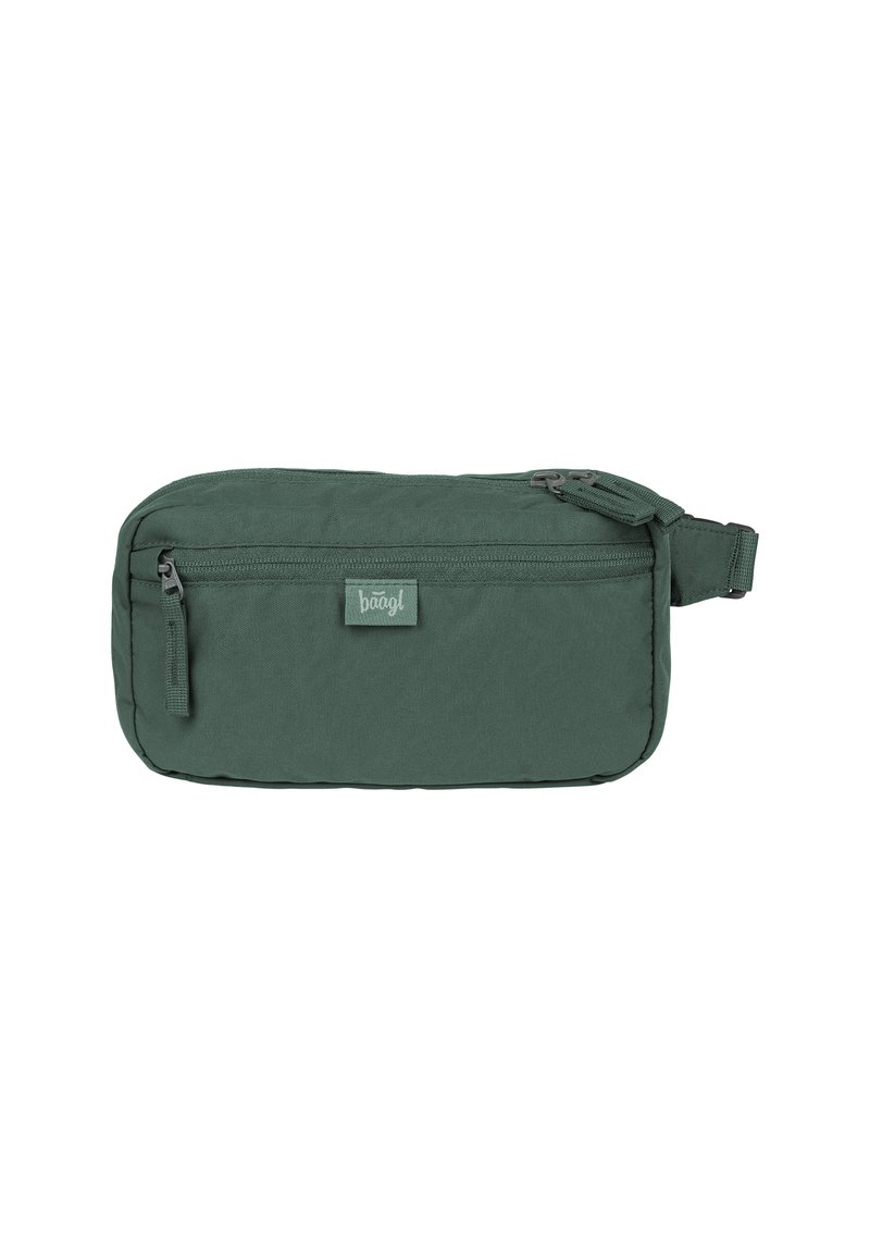 Busta in nylon verde a forma rettangolare, dotata di un compartimento principale con zip, una tasca frontale e un'etichetta con logo. Include una tracolla regolabile.